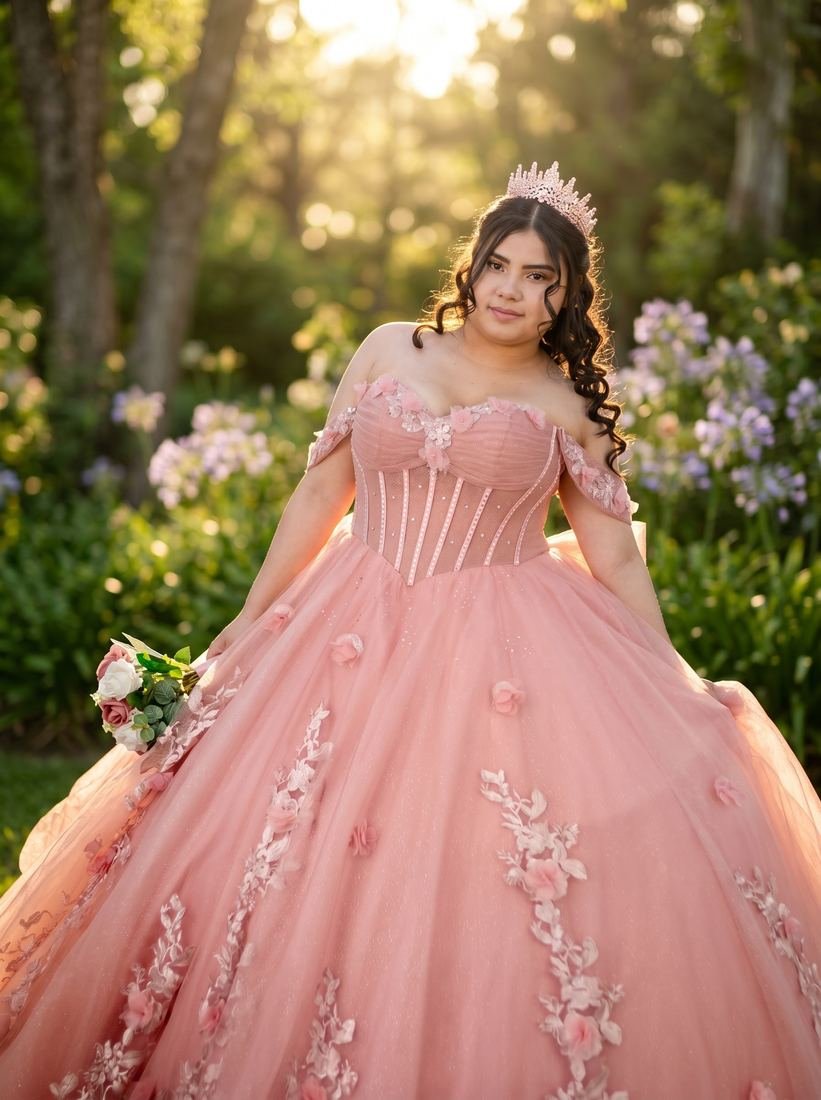 Quinceañera en jardín a la luz del atardecer